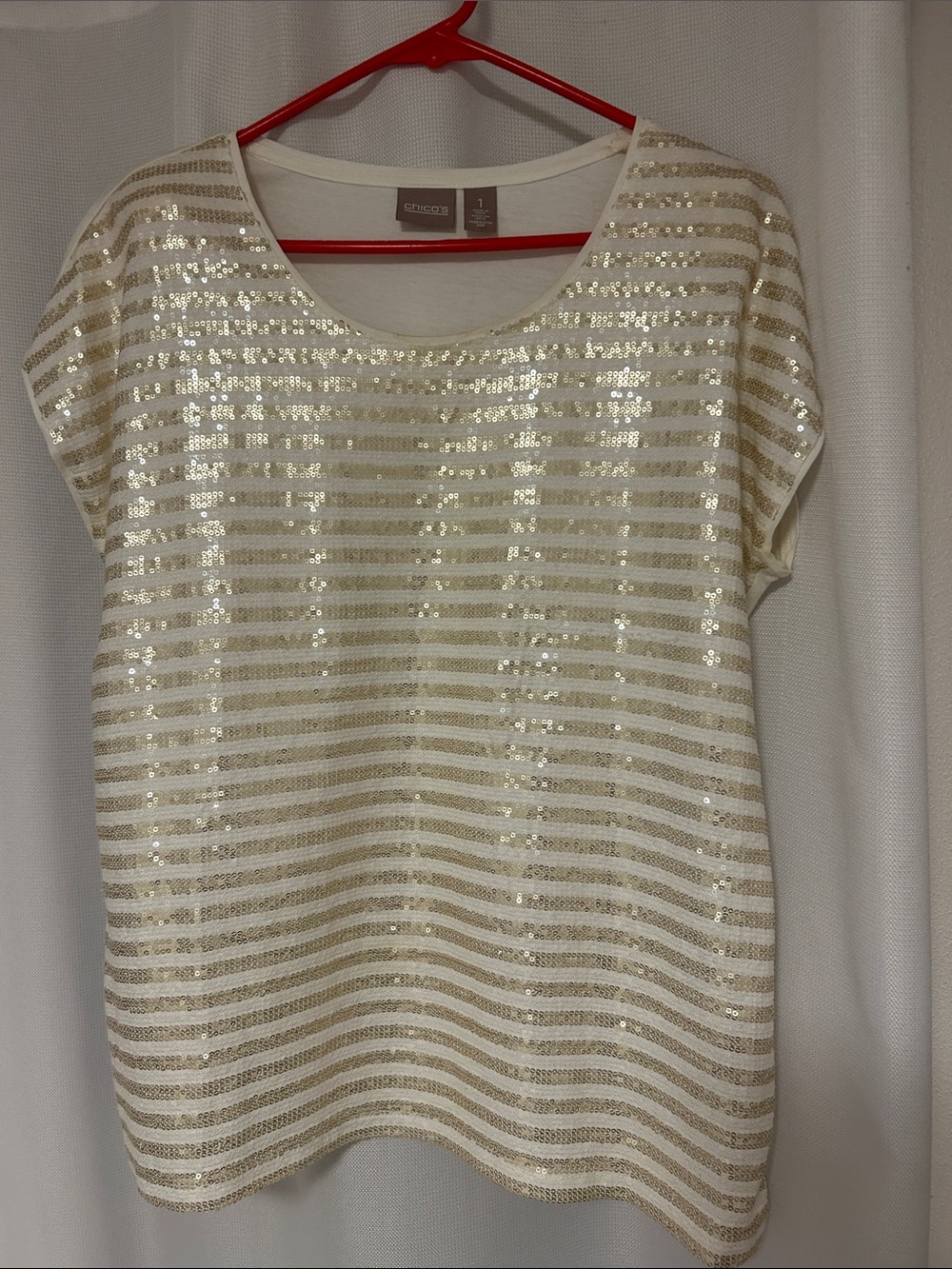Chico's Cream Top with Gold Sequin Stripes